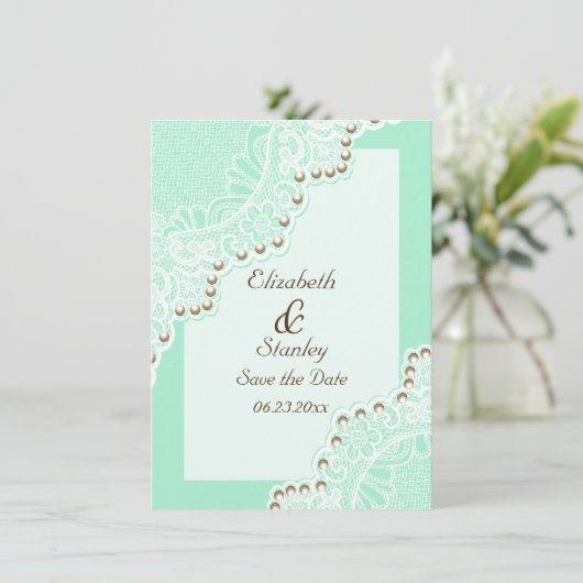 Weiße Spitzen mit Perlen Minzehohe Speichern Sie d Save The Date (Stehend Vorderseite)