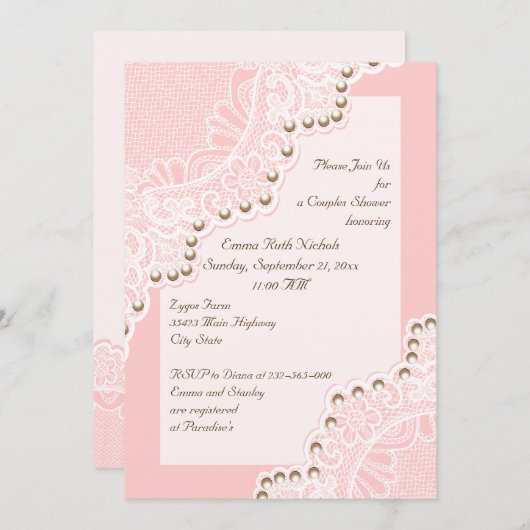 Weiße Spitzen mit Perlen rosa Hochzeitscouchen Dus Einladung (Vorne/Hinten)