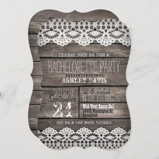 Weiße Spitzen; rustikaler brauner Junggeselinnen-A Einladung (Vorne/Hinten)