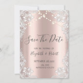 Weiße Spitzen, String-Lights Rose Gold Save the Da Date (Vorderseite)