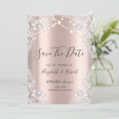 Weiße Spitzen, String-Lights Rose Gold Save the Da Date (Stehend Vorderseite)
