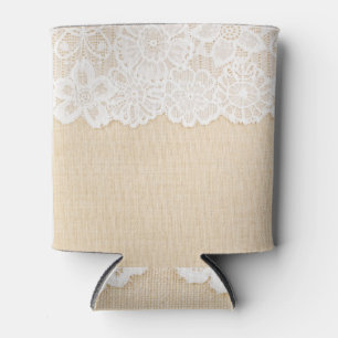 Weiße Spitzen über Stoffdesign. Dosenkühler