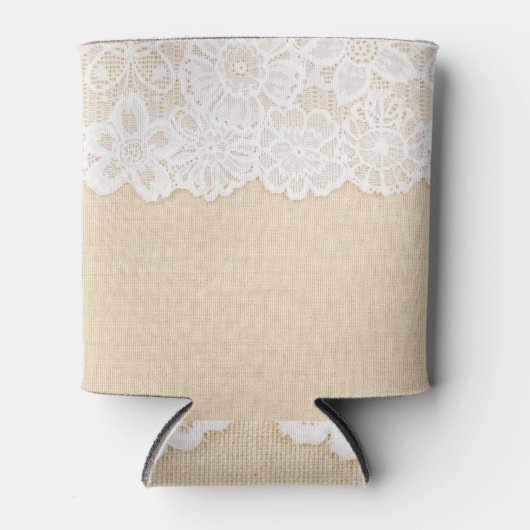 Weiße Spitzen über Stoffdesign. Dosenkühler (Vorderseite)