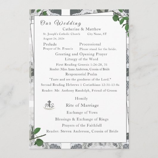 Weiße Spitzen und Rose Blätter Nuptial Mass Programm (Vorderseite)