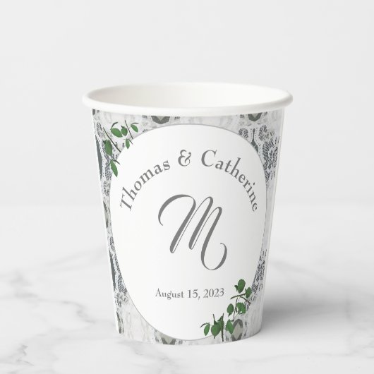 Weiße Spitzen- und Rose-Blätter Pappbecher (Rückseite)