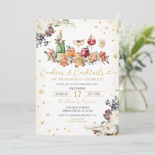Weiße Sprinklerkekse & Cocktail Weihnachtsgebäck P Einladung (Stehend Vorderseite)