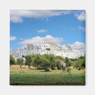 Weiße Stadt Ostuni mit Olivenbäumen, Puglia-Magn Magnet