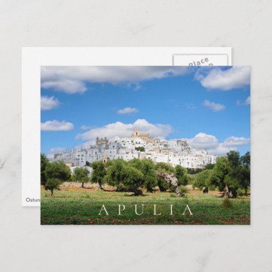 Weiße Stadt Ostuni und Olivenbäume in Apulien Postkarte (Vorne/Hinten)