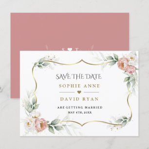 Weiße staubige Rosenblüten Gold luftige Grünpflanz Save The Date