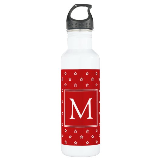 Weiße Sterne auf hellroten Monogrammen Edelstahlflasche (Vorderseite)
