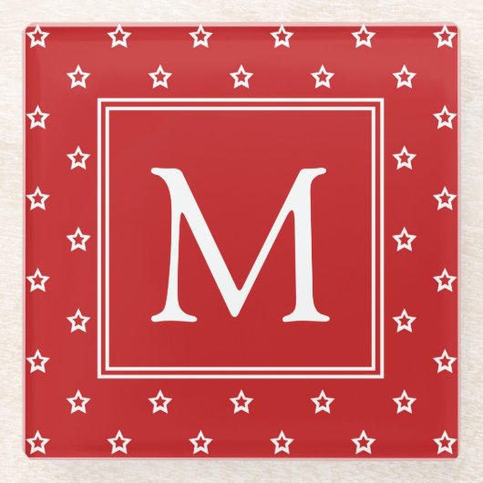 Weiße Sterne auf hellroten Monogrammen Glasuntersetzer (Vorderseite)