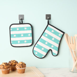 Weiße Sterne auf Türkis gestreifter Ofenhandschuh- Ofenhandschuh & Topflappen-Set