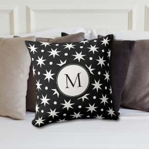 Weiße Sterne und Punkte auf schwarzen Monogrammen Kissen