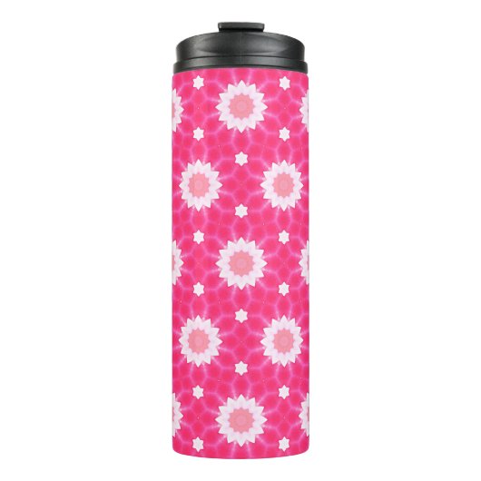 Weiße Sterne und Sterne über rosa Hintergrundmuste Thermosbecher (Vorderseite)