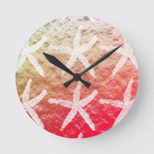 Weiße Sternenfische Muster Golden Foil Pink Ombre Runde Wanduhr