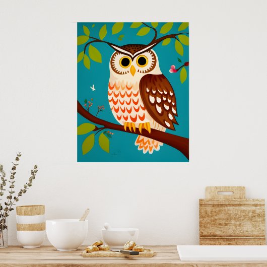 Weiße Stilmalerei einer Eule auf einem Baum Poster (Küche)