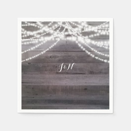 Weiße Streichlichter und rustikale Holzhochzeit Serviette (Vorderseite)