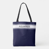 Weiße Streifen und Aquarius-Text auf marineblau Tasche (Rückseite)
