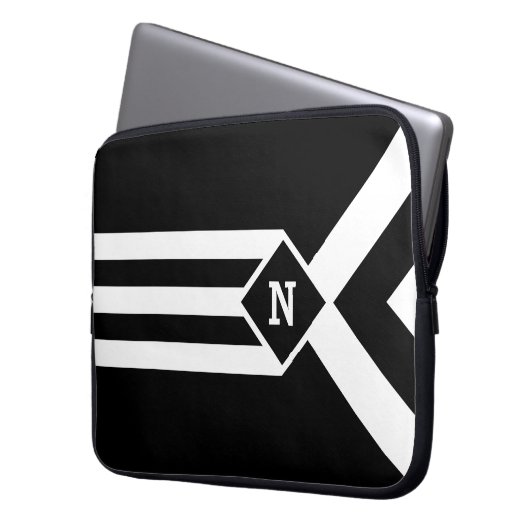 Weiße Streifen und Kronen auf Schwarz mit Monogram Laptopschutzhülle (Vorderseite Links)