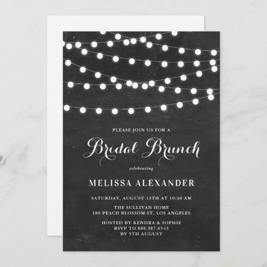 Weiße String-Lichter auf Chalkboard Bridal Brunch Einladung (Vorne/Hinten)