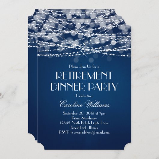 Weiße String-Lichter für blaues Ruhestand Einladung (Vorne/Hinten)