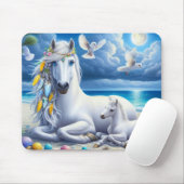 Weiße Stute und Fohlen unter dem Mond Mousepad (Mit Mouse)