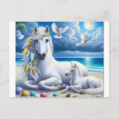 Weiße Stute und Fohlen unter dem Mond Postkarte (Vorderseite)