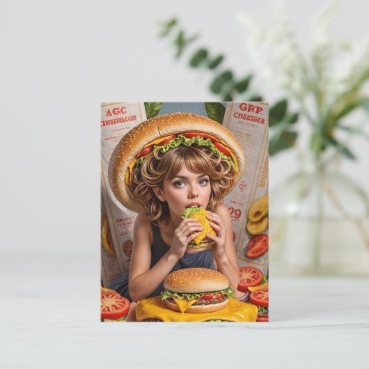 Weiße Surreal-Girl mit Cheeseburger-Hut Postkarte (Stehend Vorderseite)