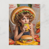 Weiße Surreal-Girl mit Cheeseburger-Hut Postkarte (Vorderseite)