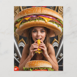 Weiße Surreal-Girl mit Cheeseburger-Hut Postkarte