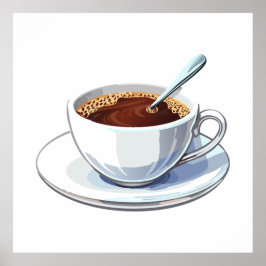 Weiße Tasse auf einem Unterteller gefüllt mit Kaff Poster