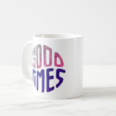 weiße Tasse mit Güte bedruckt. (Vorderseite Links)