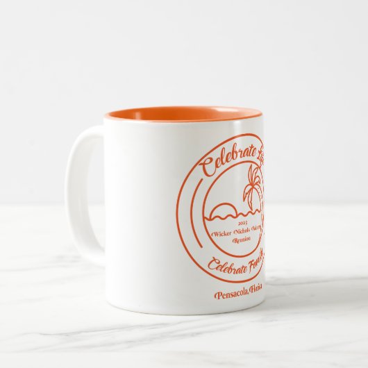 Weiße Tasse mit orangefarbener Silhouette (Vorderseite Links)