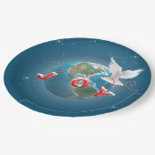 Weiße Taube auf dem Planeten mit Joy-Ornament Pappteller (Schrägansicht)