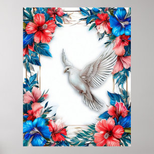 Weiße Taube in verziertem blauen Rahmen Poster