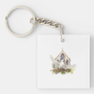 Weiße Taube mit Kirche Schlüsselanhänger