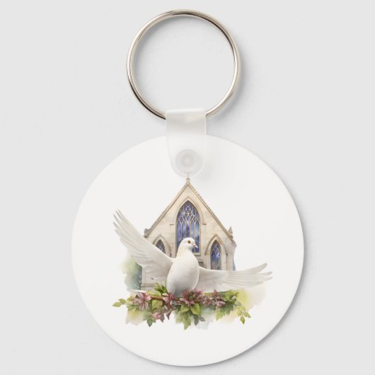 Weiße Taube mit Kirche Schlüsselanhänger (Vorderseite)