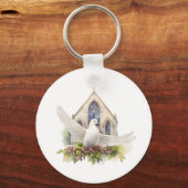 Weiße Taube mit Kirche Schlüsselanhänger (Vorderseite)