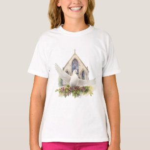Weiße Taube mit Kirche T-Shirt