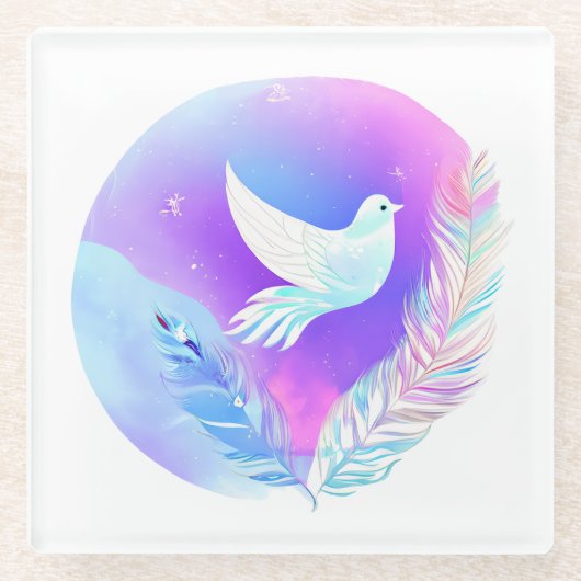 Weiße Taube mit rosa und blauen Federn Glasuntersetzer (Vorderseite)