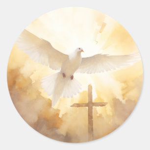 Weiße Taube Vogel Kreuz Kruzifix christliche Kunst Runder Aufkleber
