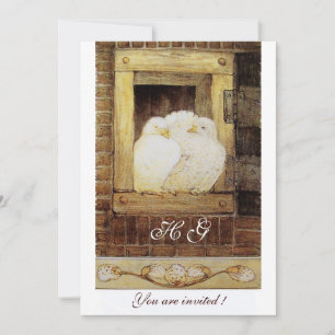 WEIßE TAUBEN AM FENSTER Monogramm, braun gelb Einladung