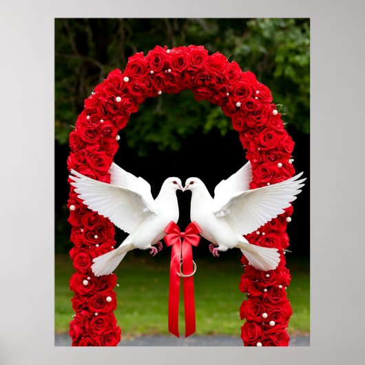 Weiße Tauben mit rotem Band in Rose Arch Poster (Vorne)