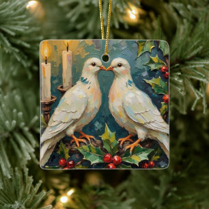 Weiße Tauben und Stechpalmen-Girlande Weihnachten  Keramikornament