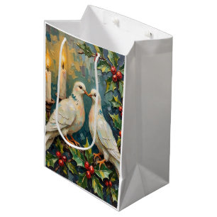 Weiße Tauben und Stechpalmen-Girlande Weihnachten Mittlere Geschenktüte
