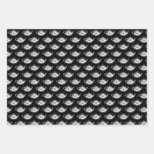 Weiße Teapots auf schwarz Geschenkpapier Set (Vorderseite 3)