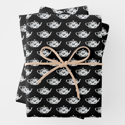 Weiße Teapots auf schwarz Geschenkpapier Set (Beispiel)