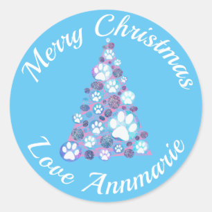 Weiße Tierpaw Pink & Blue XMas Tree Light Blue Runder Aufkleber