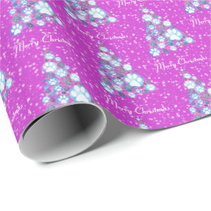 Weiße Tierpfade Rosa und Blauer Weihnachtsbaum Ros Geschenkpapier