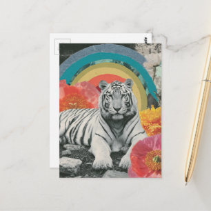 Weiße Tiger-Collage mit Regenbogen und Blumen Postkarte